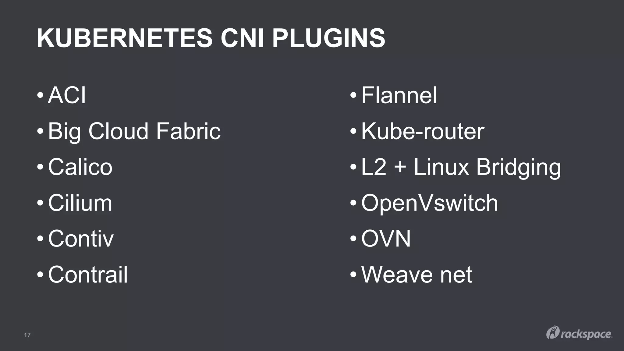 KUBERNETES CNI PLUGINS
17
• ACI
• Big Cloud Fabric
• Calico
• Cilium
• Contiv
• Contrail
• Flannel
• Kube-router
• L2 + Linux Bridging
• OpenVswitch
• OVN
• Weave net
 
