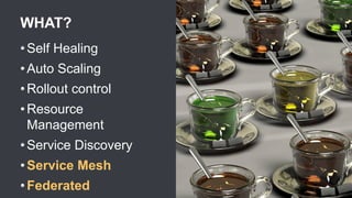 WHAT?
• Self Healing
• Auto Scaling
• Rollout control
• Resource
Management
• Service Discovery
• Service Mesh
• Federated
 