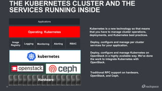 32
THE KUBERNETES CLUSTER AND THE
SERVICES RUNNING INSIDE
Hardware
Image
Registry
Logging Monitoring Alerting RBAC
Applications
Operating Kubernetes
Traditional RPC support on hardware,
OpenStack, and Ceph.
Deploy, configure and manage Kubernetes on
OpenStack in a highly available way. We've done
the work to integrate Kubernetes with
OpenStack.
Deploy, configure and manage per cluster
services for your application.
Kubernetes is a new technology so that means
that you have to manage cluster operations,
deployments, and Kubernetes best practices.
Hardware
 