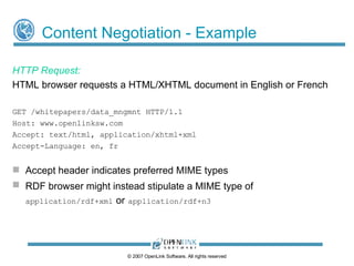 Content Negotiation - Example HTTP Request: HTML browser requests a HTML/XHTML document in English or French GET /whitepapers/data_mngmnt HTTP/1.1 Host: www.openlinksw.com Accept: text/html, application/xhtml+xml Accept-Language: en, fr Accept header indicates preferred MIME types RDF browser might instead stipulate a MIME type of   application/rdf+xml   or   application/rdf+n3 © 2009 OpenLink Software, All rights reserved 