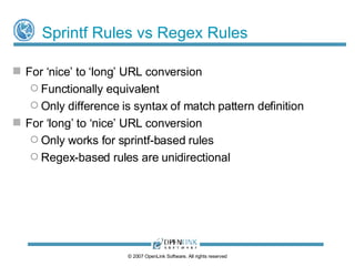 description.vsp – Rendering RDF as HTML Destination path in rewrite rule for HTML requests: /about/html/http://^{URIQADefaultHost}^$s1 Redirects client to the  Virtuoso  ‘Page Description Service’  via proxy interface /about/html Page description services invokes description.vsp which in turn invokes the Virtuoso Sponger Sponger: a customizable RDFizer with pluggable cartridges Extracts RDF from the target URL Native RDF sources: RDF is returned ‘as is’ Non-RDF sources: Meta-data is extracted and converted to RDF using ontology mapping and XSLT description.vsp renders the extracted RDF as HTML Substitutes RDF ‘hyperdata’ links with HTML hyperlinks ©  2009  OpenLink Software, All rights reserved 