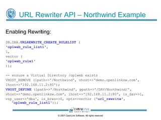 Sprintf Rules vs Regex Rules Rewrite rules take two forms: sprintf-based & regex-based: For ‘nice’ to ‘long’ URL conversion Functionally equivalent Only difference is syntax of match pattern definition For ‘long’ to ‘nice’ URL conversion Only works for sprintf-based rules Regex-based rules are unidirectional ©  2009  OpenLink Software, All rights reserved 