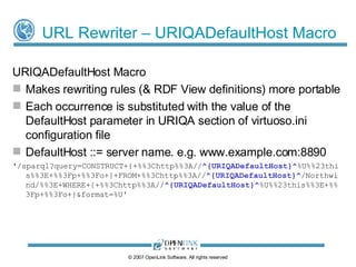 URL Rewriter - Verification with curl curl  utility provides a useful tool for verifying HTTP server responses and rewriting rules $ curl -I -H "Accept: application/rdf+xml" http://demo.openlinksw.com/Northwind/ Customer/ALFKI HTTP/1.1 303 See Other Server: Virtuoso/05.09.3037 (Solaris) x86_64-sun-solaris2.10-64 VDB Connection: close Content-Type: text/html; charset=ISO-8859-1 Date: Thu, 12 Feb 2009 11:23:31 GMT Accept-Ranges: bytes Location: http://demo.openlinksw.com/sparql?query=DESCRIBE+%3Chttp %3A//demo.openlinksw.com%2FNorthwind%2FCustomer%2FALFKI%23this%3E+%3Chttp %3A//demo.openlinksw.com%2FNorthwind%2FCustomer%2FALFKI%3E+FROM+%3Chttp %3A//demo.openlinksw.com/Northwind%3E&format=application%2Frdf%2Bxml Content-Length: 0 Note:  default rule for RDF requests changed to return HTTP response 303, rather than use an internal redirect, to allow the generated SPARQL query to be viewed and checked with curl ©  2009  OpenLink Software, All rights reserved 