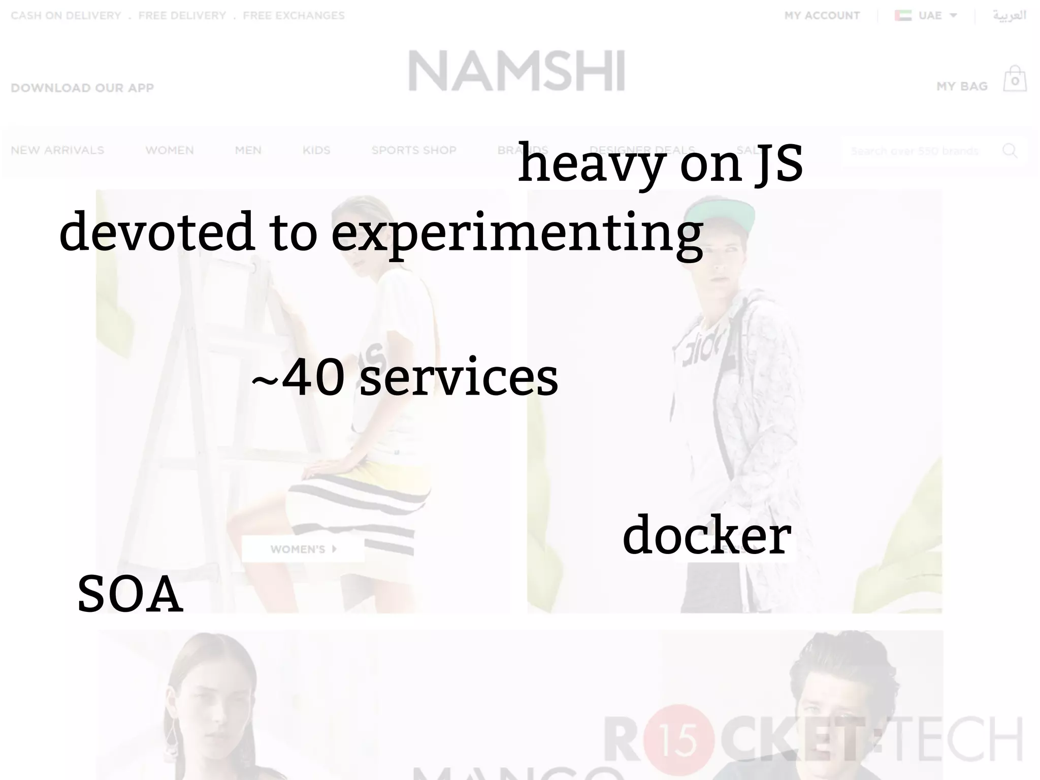 SOA
~40 services
docker
heavy on JS
devoted to experimenting
 