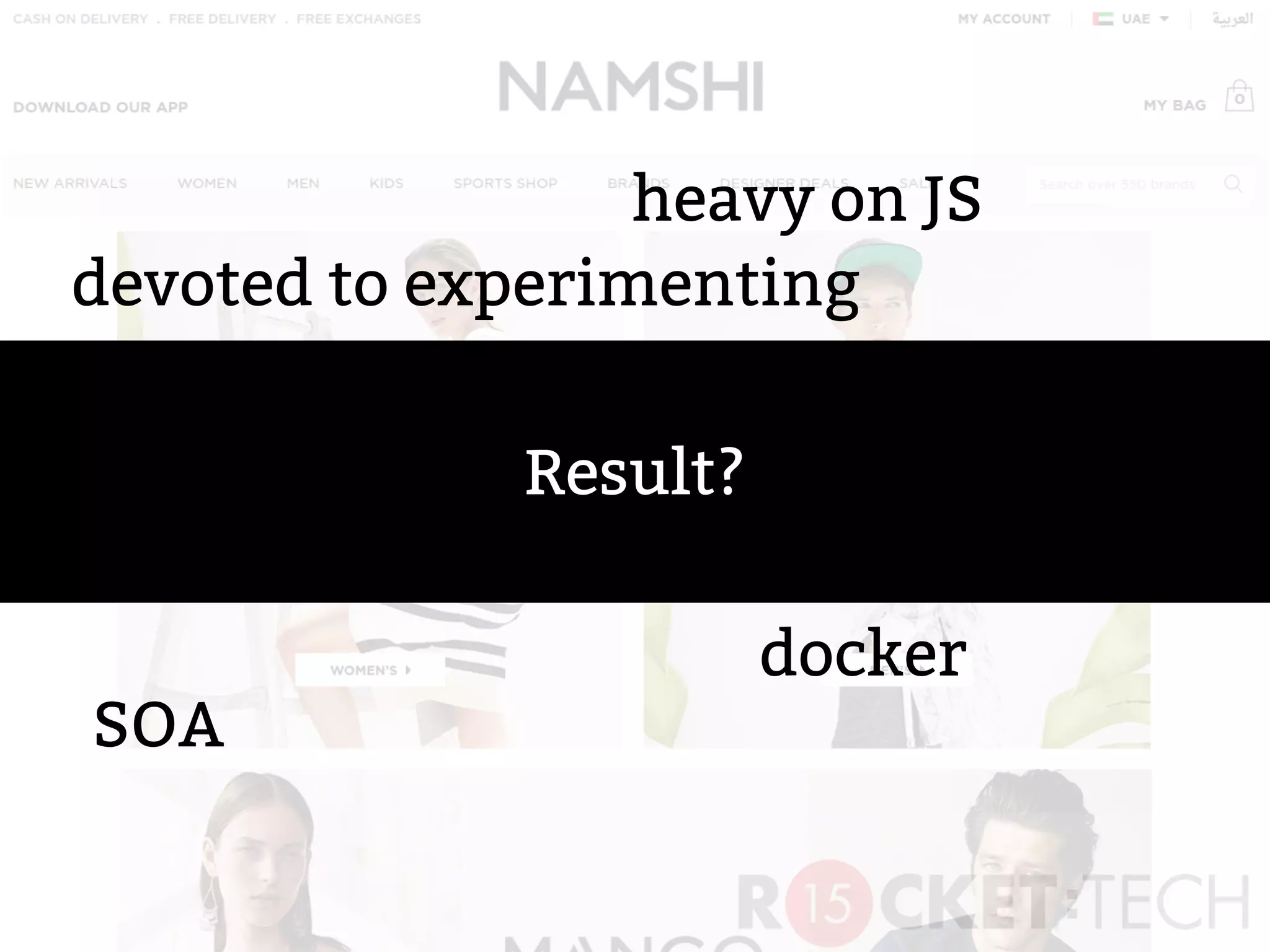 SOA
~40 services
docker
heavy on JS
devoted to experimenting
Result?
 
