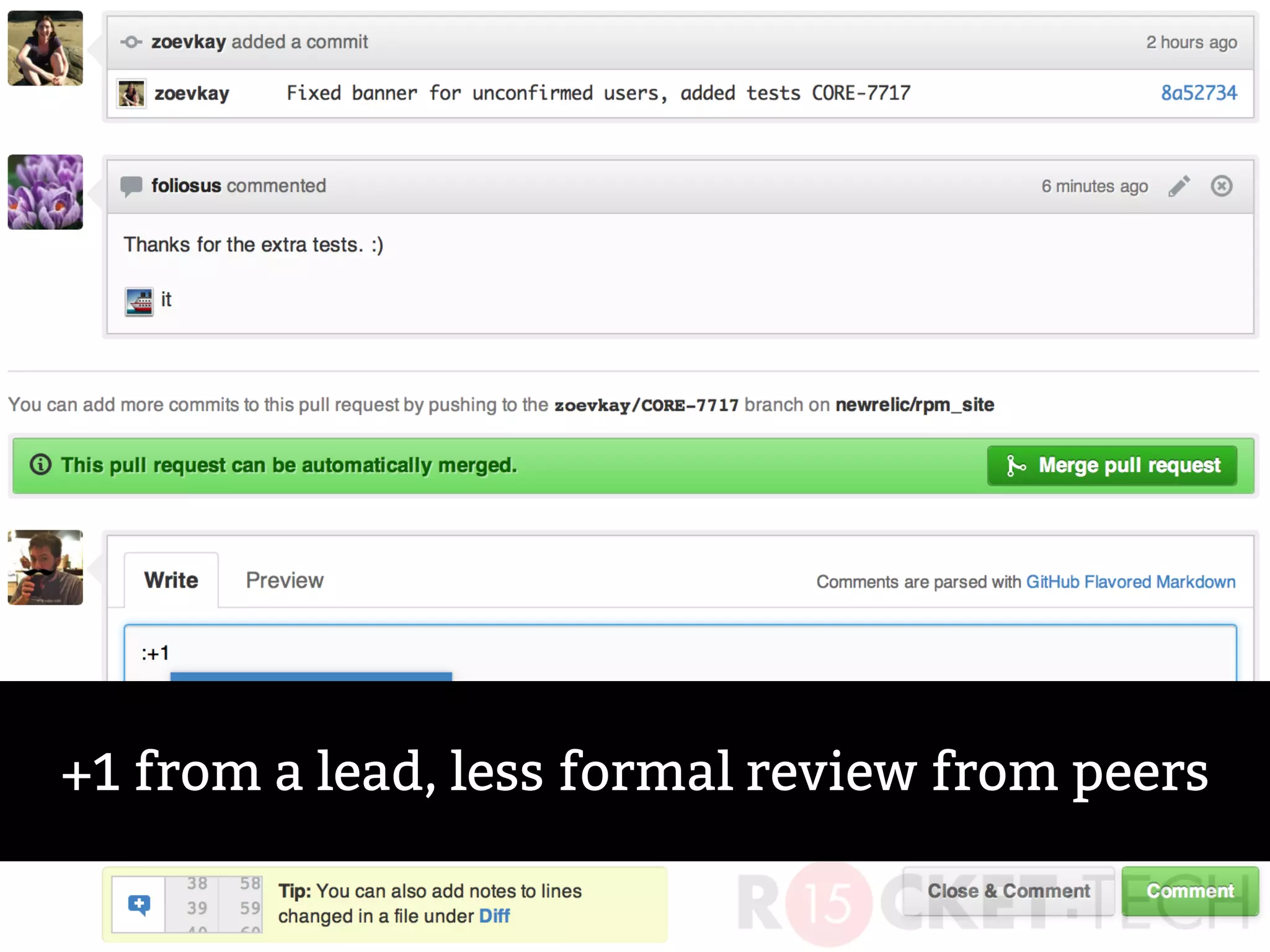 +1 from a lead, less formal review from peers
 