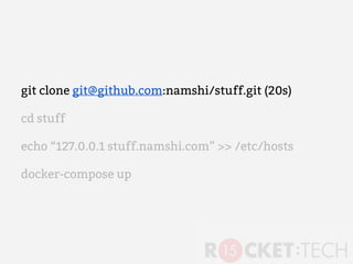 git clone git@github.com:namshi/stuff.git (20s)
cd stuff (...)
echo “127.0.0.1 stuff.namshi.com” >> /etc/hosts (...)
docke...