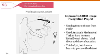 PwC
From Segmentation.network
Microsoft’s COCO Image
recognition Project
• Used 328,000 photos from
Flickr
• Used Amazon’s Mechanical
Turk to have humans
identify each object, label
them and draw a boundary
• Total of 70,000 human
hours to prepare the dataset
 
