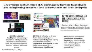 PwC Artificial Intelligence – AI Expo 4
The growing sophistication of AI and machine learning technologies
are transforming our lives – both as a consumer and as an enterprise
ACT: Artificial Intelligence is
equaling or surpassing
humans in a number of other
tasks – playing games, driving
cars, recommendations
(movies, books, finance,
research) etc.
THINK: AI is helping us do tasks
faster, better and cheaper –
Automated Intelligence; helping
us make better decisions –
Augmented Intelligence, or even
taking over what we do –
Autonomous Intelligence
SENSE: Artificial
Intelligence is becoming
ubiquitous intelligence with
the ability to see, hear, speak,
smell, feel, understand gestures,
interface with your brain, and
dream
 