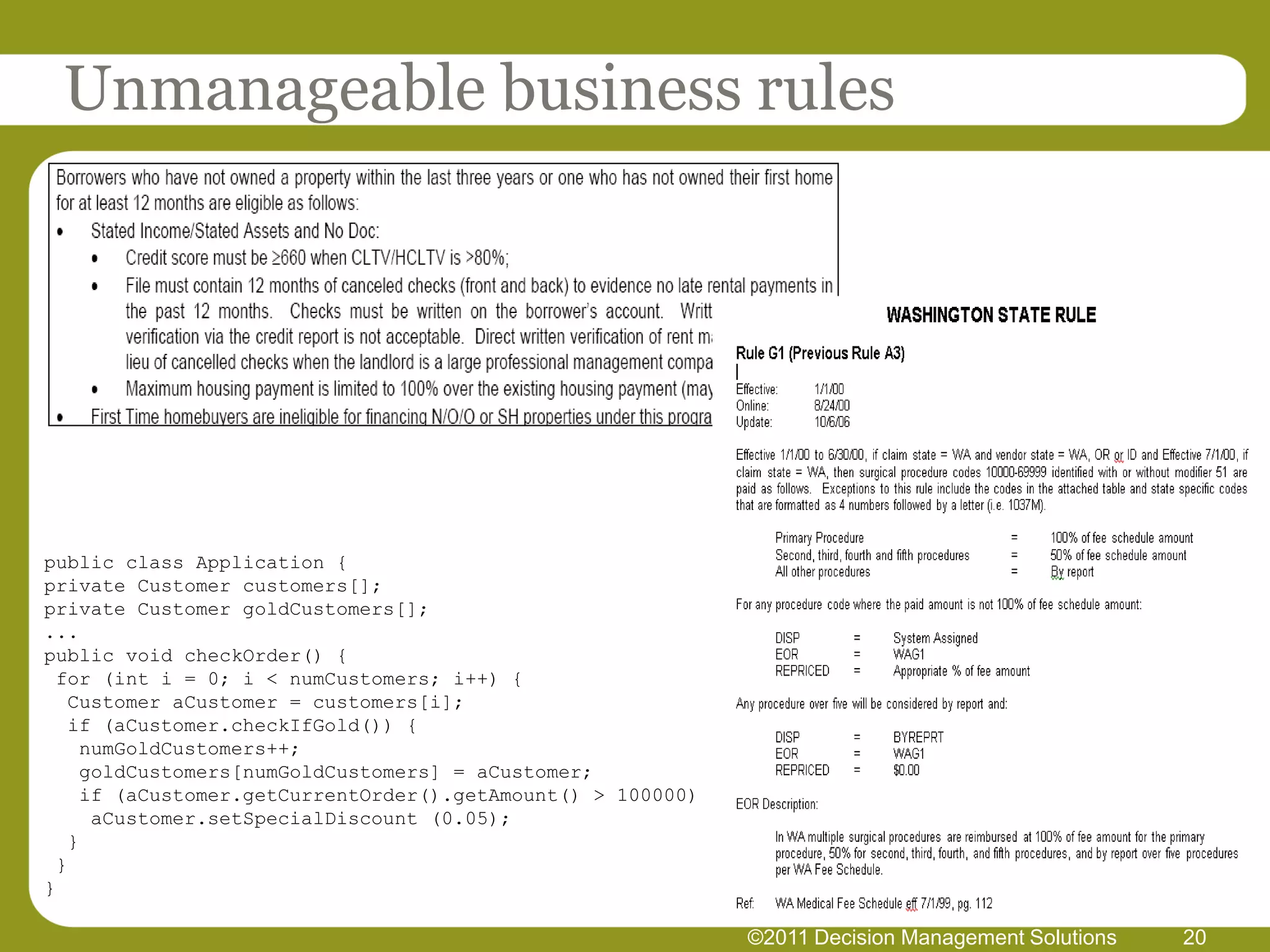 Unmanageable business rules




public class Application {
private Customer customers[];
private Customer goldCustomers[];
...
public void checkOrder() {
 for (int i = 0; i < numCustomers; i++) {
  Customer aCustomer = customers[i];
  if (aCustomer.checkIfGold()) {
   numGoldCustomers++;
   goldCustomers[numGoldCustomers] = aCustomer;
   if (aCustomer.getCurrentOrder().getAmount() > 100000)
    aCustomer.setSpecialDiscount (0.05);
  }
 }
}

                                                           ©2011 Decision Management Solutions   20
 