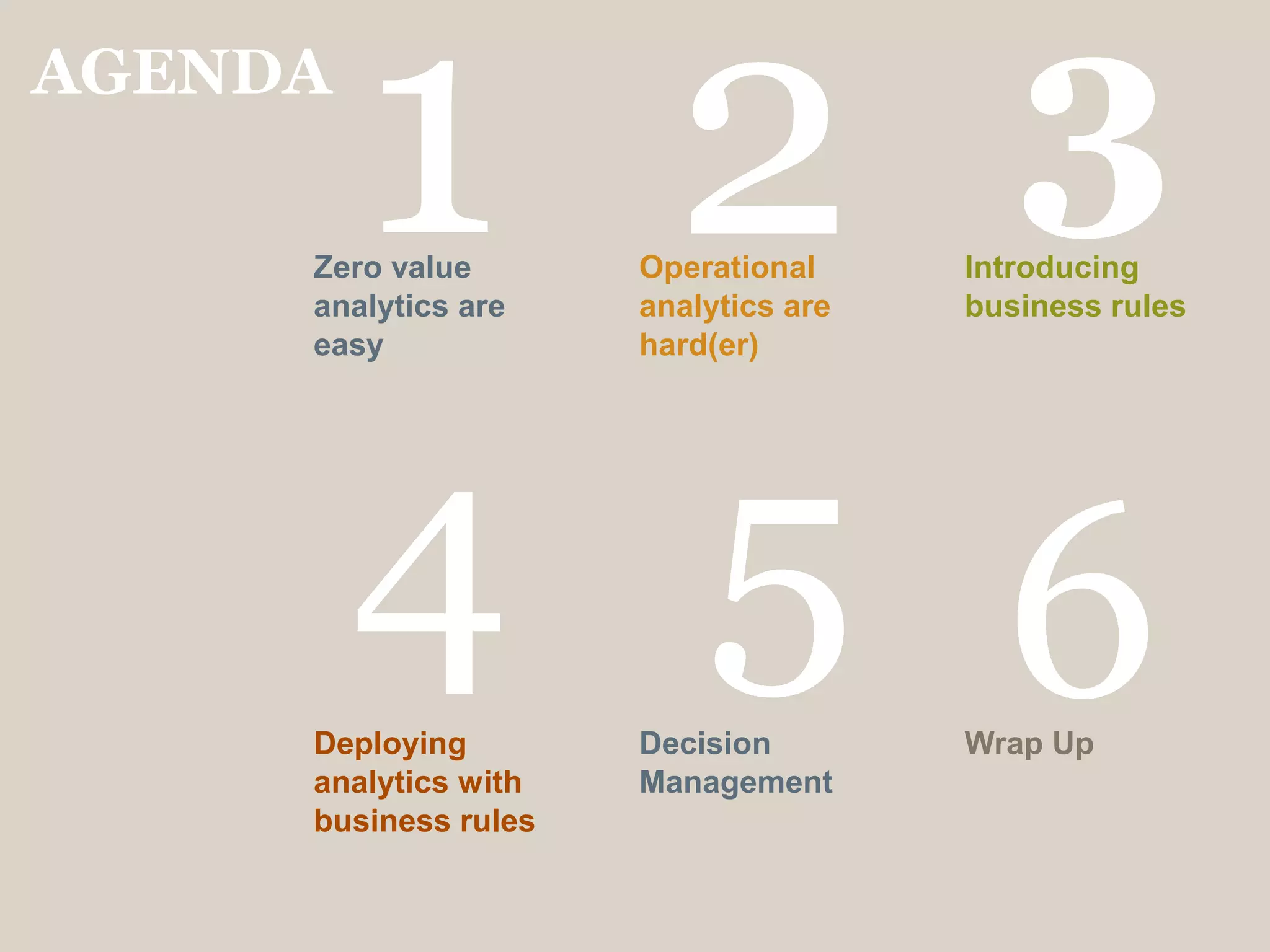 AGENDA

         1 2
     Zero value
     analytics are
     easy
                      Operational
                      analytics are
                      hard(er)
                                         3
                                      Introducing
                                      business rules




         4 5 6
     Deploying        Decision        Wrap Up
     analytics with   Management
     business rules
 