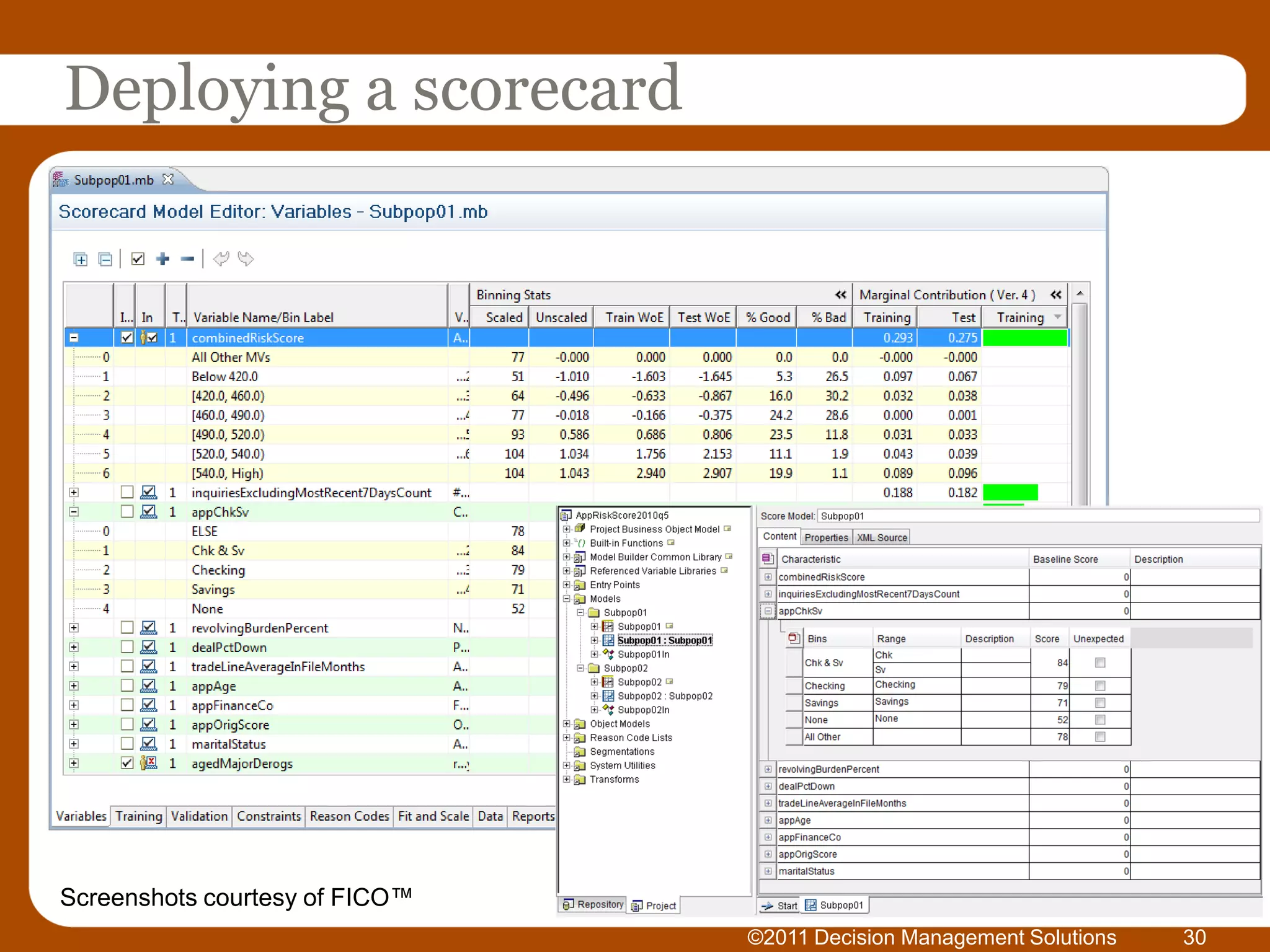 Deploying a scorecard




Screenshots courtesy of FICO™
                                ©2011 Decision Management Solutions   30
 