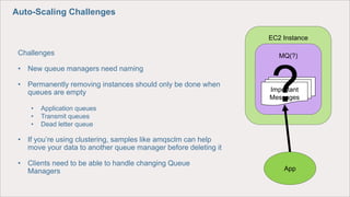 Auto-Scaling Challenges
Challenges
• New queue managers need naming
• Permanently removing instances should only be done when
queues are empty
• Application queues
• Transmit queues
• Dead letter queue
• If you’re using clustering, samples like amqsclm can help
move your data to another queue manager before deleting it
• Clients need to be able to handle changing Queue
Managers
MQ(?)
EC2 Instance
Important
Messages
App
?
 