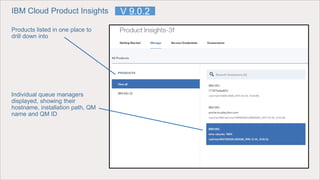 IBM Cloud Product Insights
Products listed in one place to
drill down into
Individual queue managers
displayed, showing their
hostname, installation path, QM
name and QM ID
V 9.0.2
 