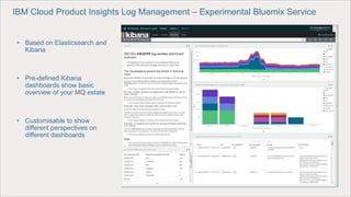 IBM Cloud Product Insights Log Management – Experimental Bluemix Service
• Based on Elasticsearch and
Kibana
• Pre-defined Kibana
dashboards show basic
overview of your MQ estate
• Customisable to show
different perspectives on
different dashboards
 