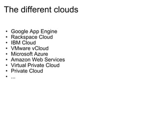 The different clouds Google App Engine Rackspace Cloud IBM Cloud VMware vCloud Microsoft Azure Amazon Web Services Virtual Private Cloud Private Cloud ... 