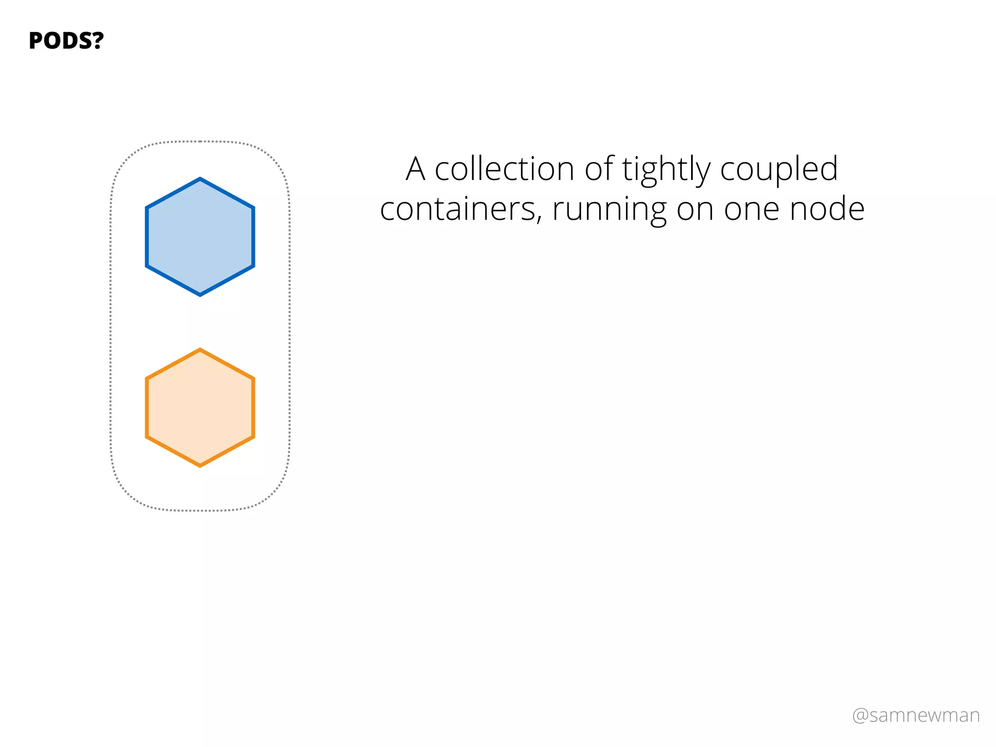 @samnewman
A collection of tightly coupled
containers, running on one node
PODS?
 