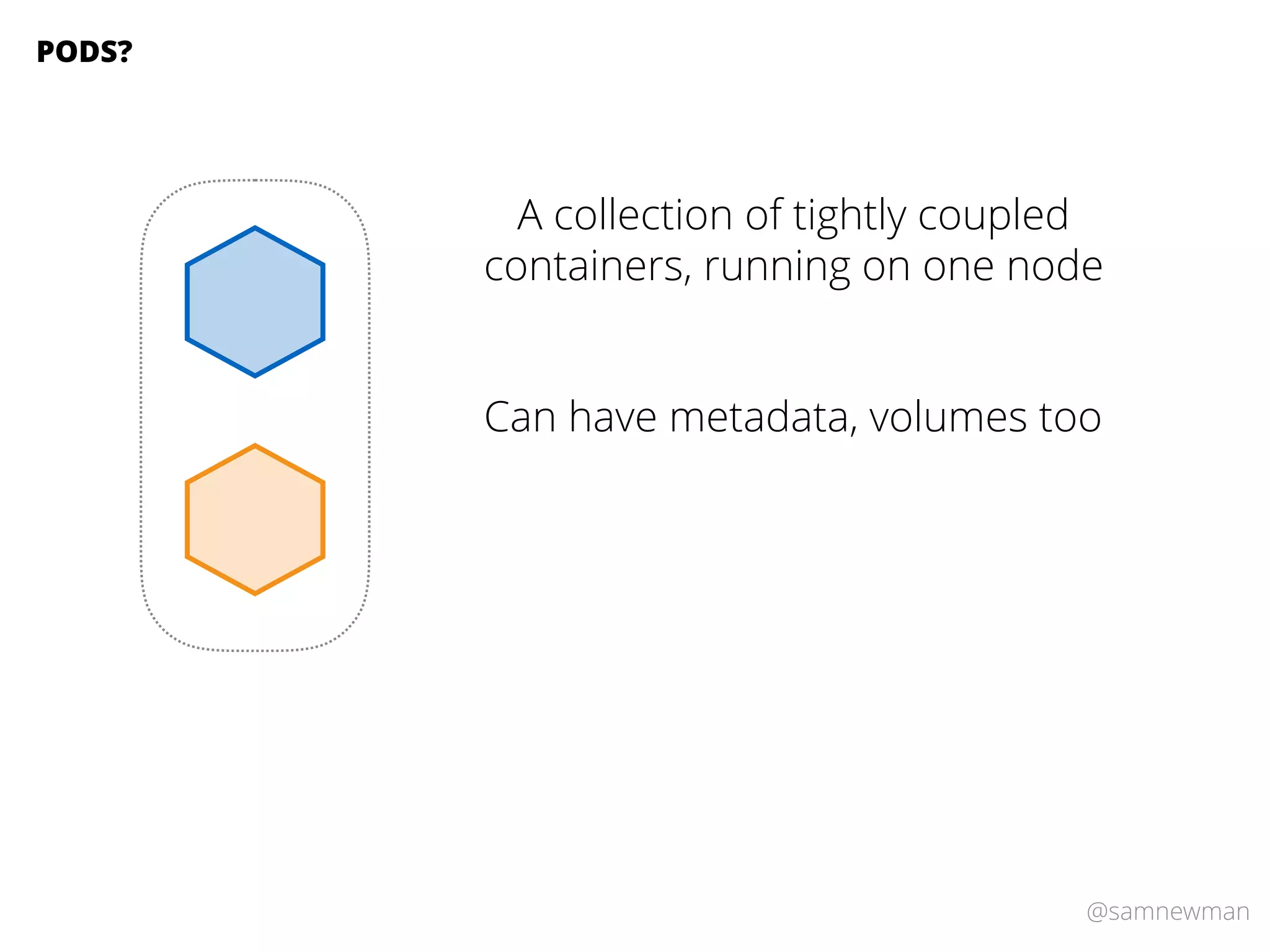 @samnewman
A collection of tightly coupled
containers, running on one node
PODS?
Can have metadata, volumes too
 
