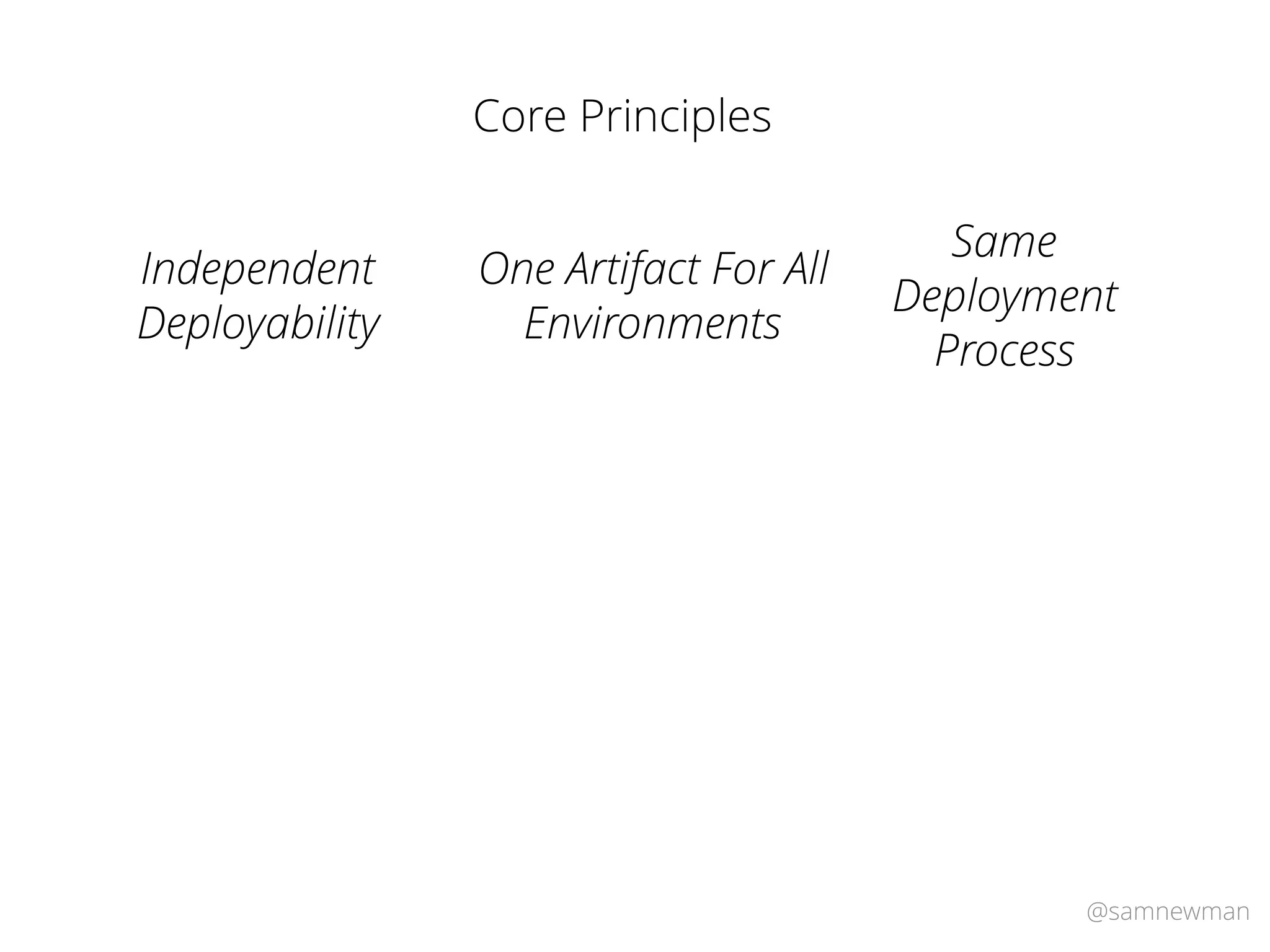 @samnewman
Core Principles
One Artifact For All
Environments
Independent
Deployability
Same
Deployment
Process
 