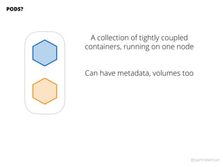 @samnewman
A collection of tightly coupled
containers, running on one node
PODS?
Can have metadata, volumes too
 