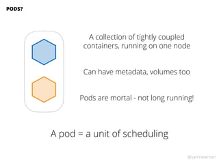 @samnewman
A collection of tightly coupled
containers, running on one node
PODS?
Can have metadata, volumes too
Pods are mortal - not long running!
A pod = a unit of scheduling
 