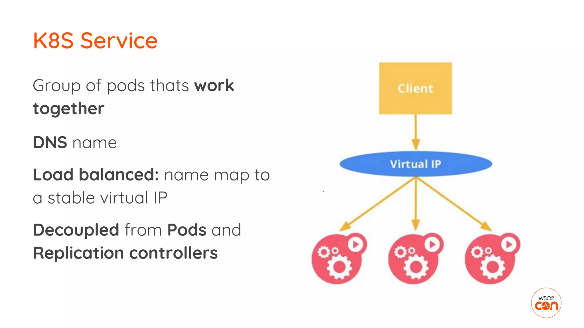 Group of pods thats work
together
DNS name
Load balanced: name map to
a stable virtual IP
Decoupled from Pods and
Replication controllers
K8S Service
 