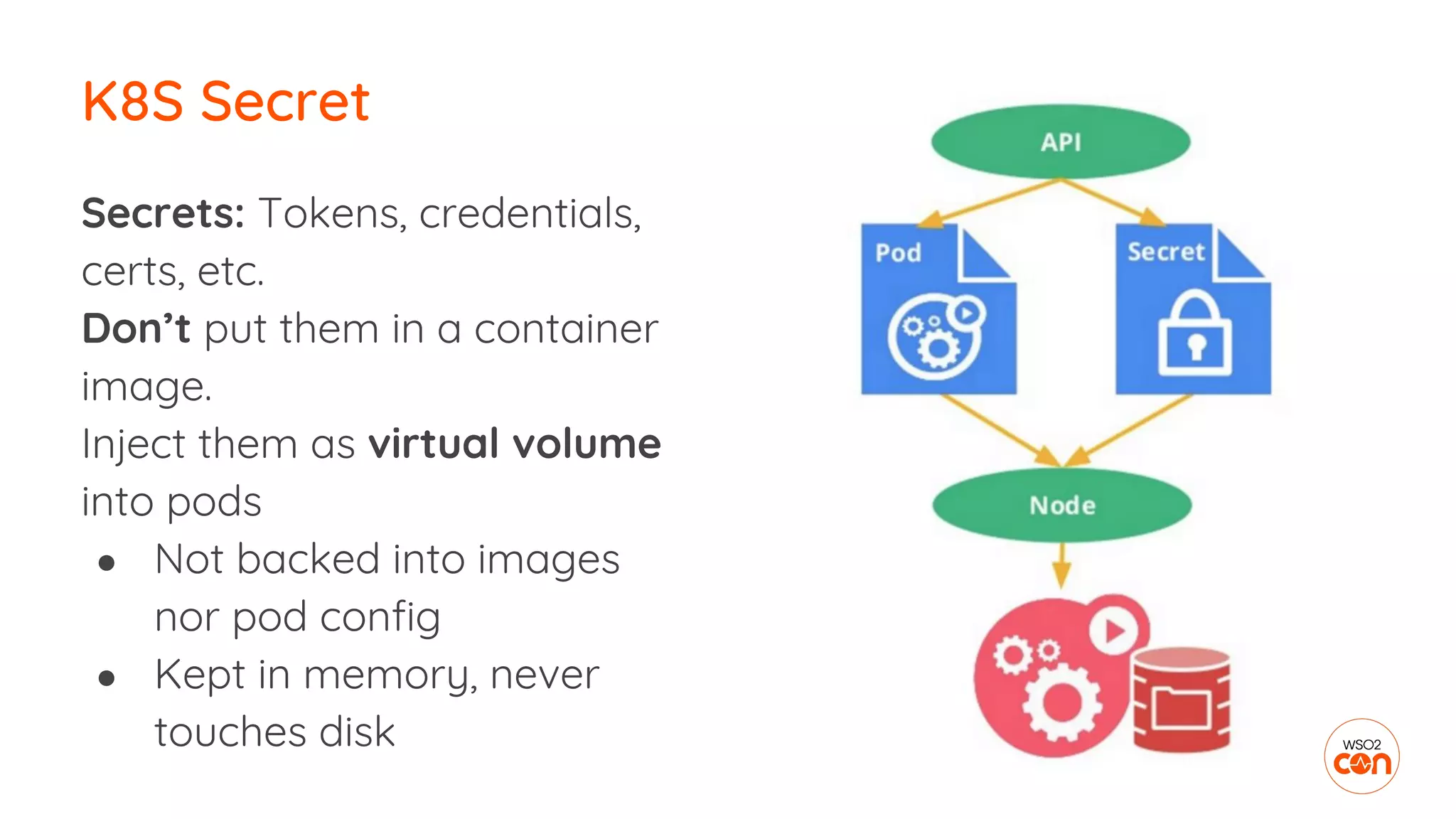 Secrets: Tokens, credentials,
certs, etc.
Don’t put them in a container
image.
Inject them as virtual volume
into pods
● Not backed into images
nor pod config
● Kept in memory, never
touches disk
K8S Secret
 