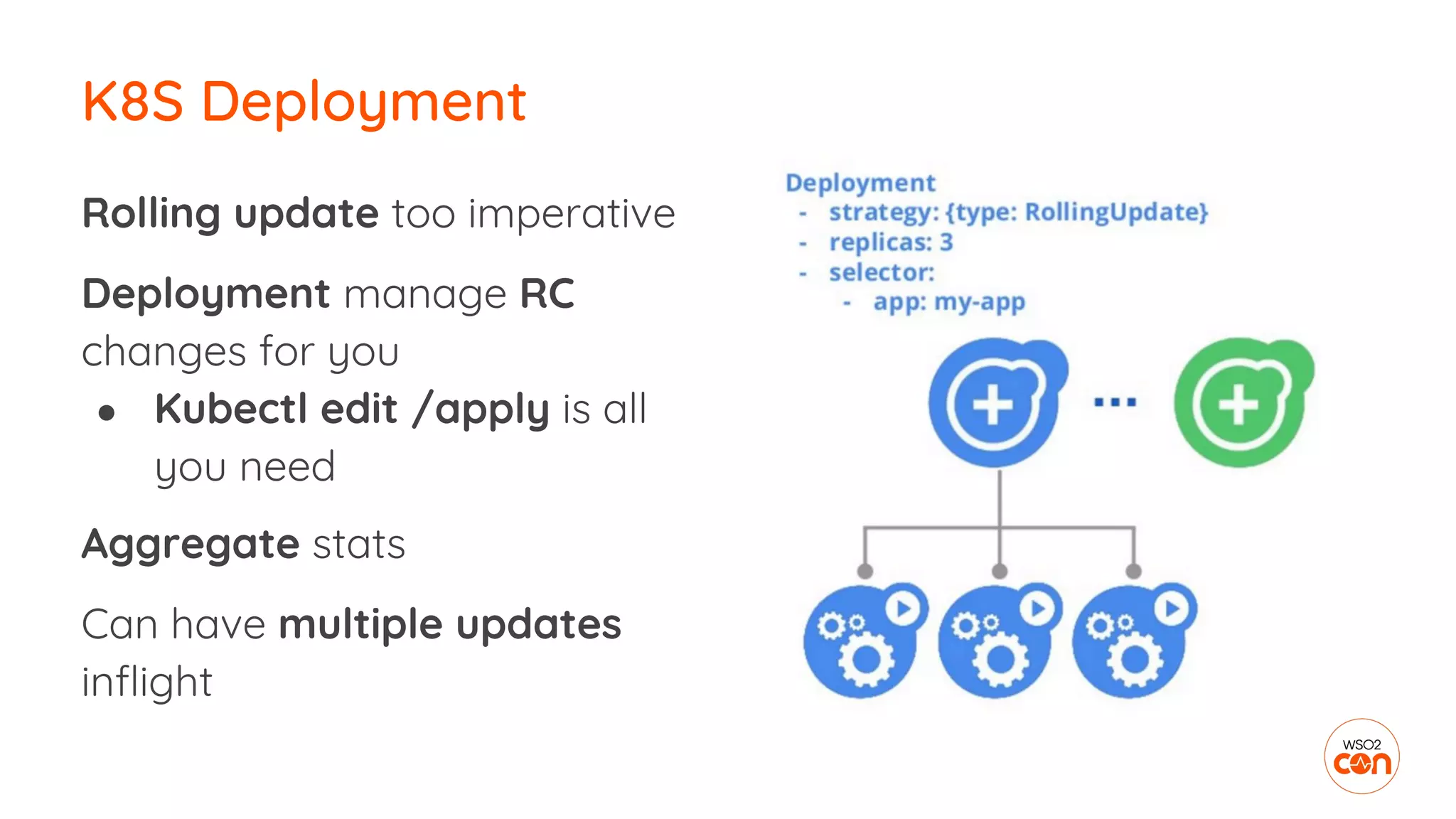 Rolling update too imperative
Deployment manage RC
changes for you
● Kubectl edit /apply is all
you need
Aggregate stats
Can have multiple updates
inflight
K8S Deployment
 