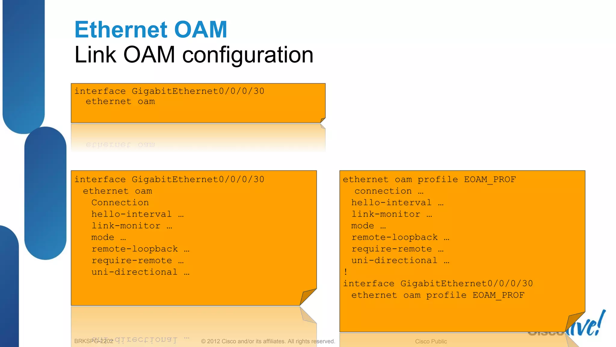 © 2012 Cisco and/or its affiliates. All rights reserved.BRKSPG-2202 5Cisco Public
Ethernet OAM
Link OAM configuration
 