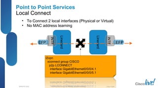 © 2012 Cisco and/or its affiliates. All rights reserved.BRKSPG-2202 2Cisco Public
Linecard
Point to Point Services
Local Connect
• To Connect 2 local interfaces (Physical or Virtual)
• No MAC address learning
Linecard
INTF
EFP EFP
 
