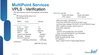 © 2012 Cisco and/or its affiliates. All rights reserved.BRKSPG-2202 4Cisco Public
MultiPoint Services
VPLS - Verification
PW type Ethernet, control word disabled, interworking
none
PW backup disable delay 0 sec
Sequencing not set
MPLS Local Remote
------------ ------------------------------
-------------------------
Label 16036 21
Group ID 0x2 0x0
Interface lab5 unknown
MTU 1500 1500
Control word disabled disabled
PW type Ethernet Ethernet
VCCV CV type 0x2 0x6
(LSP ping verification) (LSP ping
verification)
(BFD PW FD only)
VCCV CC type 0x6 0x6
(router alert label) (router alert label)
(TTL expiry) (TTL expiry)
------------ ------------------------------ -------------------------
MIB cpwVcIndex: 4294705164
Create time: 08/10/2011 03:03:50 (01:00:51 ago)
Last time status changed: 08/10/2011 03:18:07 (00:46:34 ago)
MAC withdraw message: send 0 receive 0
Static MAC addresses:
Statistics:
packets: received 8807354, sent 1625928
bytes: received 4297988752, sent 793452864
DHCPv4 snooping: disabled
IGMP Snooping profile: none
VFI Statistics:
drops: illegal VLAN 0, illegal length 0unicast
 