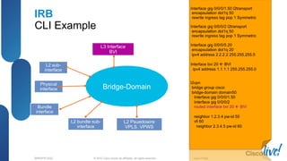 © 2012 Cisco and/or its affiliates. All rights reserved.BRKSPG-2202 4Cisco Public
IRB
CLI Example
L3 Interface
BVI
L2 sub-
interface
Bridge-DomainPhysical
interface
Bundle
interface
L2 bundle sub-
interface
L2 Psuedowire
VPLS. VPWS
 
