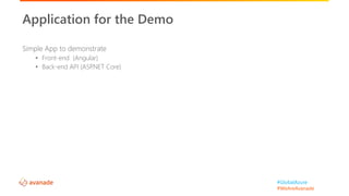 #GlobalAzure
#WeAreAvanade
Simple App to demonstrate
• Front-end (Angular)
• Back-end API (ASP.NET Core)
Application for the Demo
 
