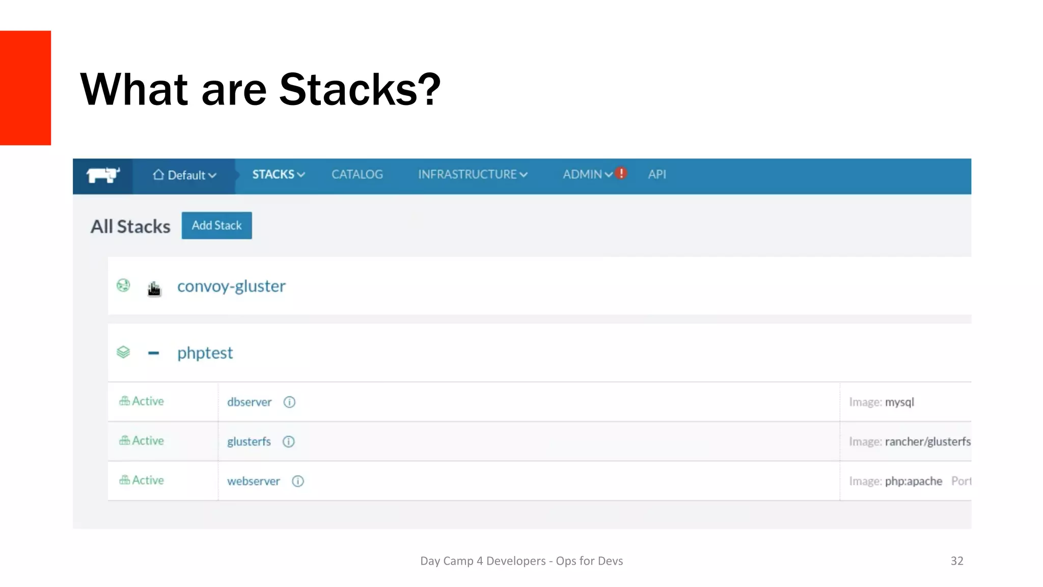 What are Stacks?
Day	Camp	4	Developers	-	Ops	for	Devs	 32	
 