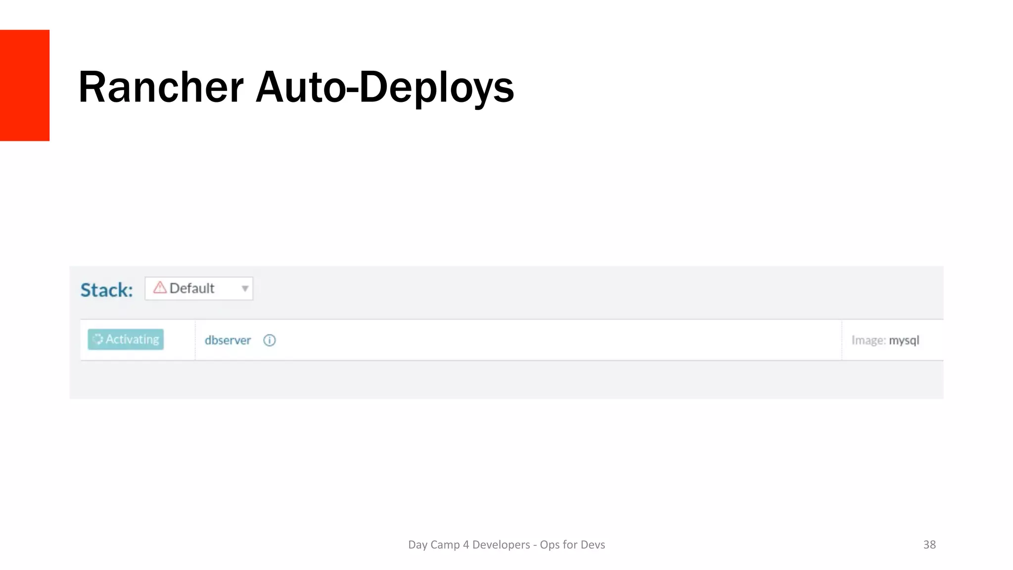 Rancher Auto-Deploys
Day	Camp	4	Developers	-	Ops	for	Devs	 38	
 