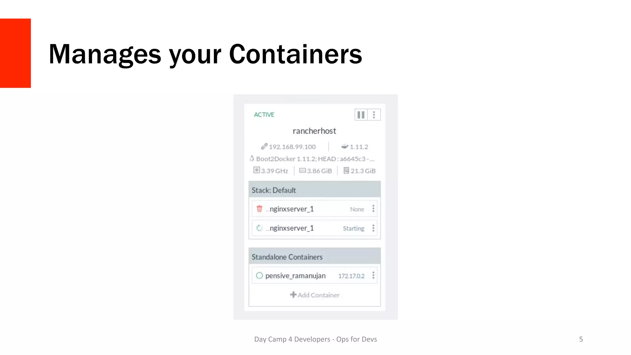 Manages your Containers
Day	Camp	4	Developers	-	Ops	for	Devs	 5	
 