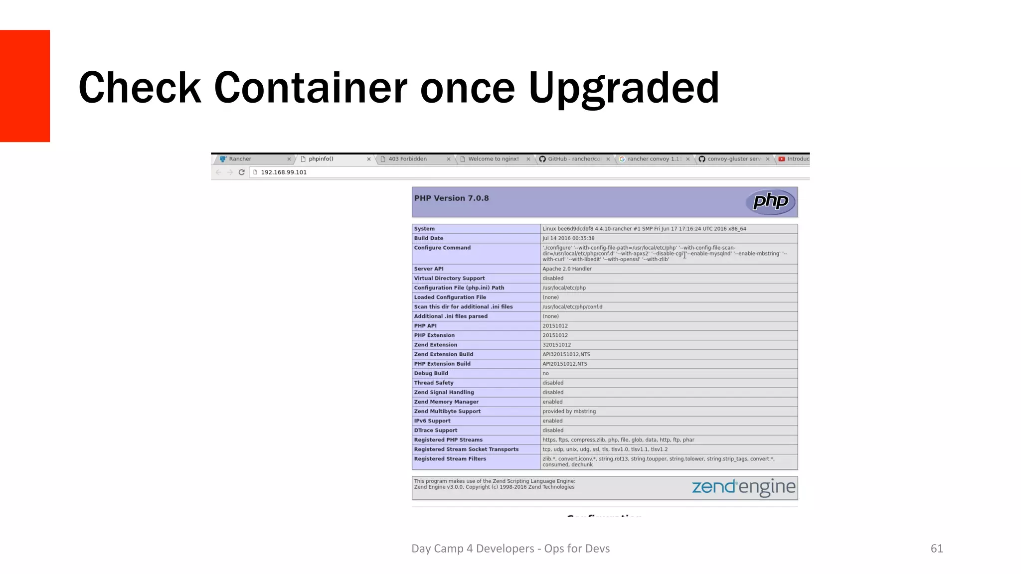 Check Container once Upgraded
Day	Camp	4	Developers	-	Ops	for	Devs	 61	
 