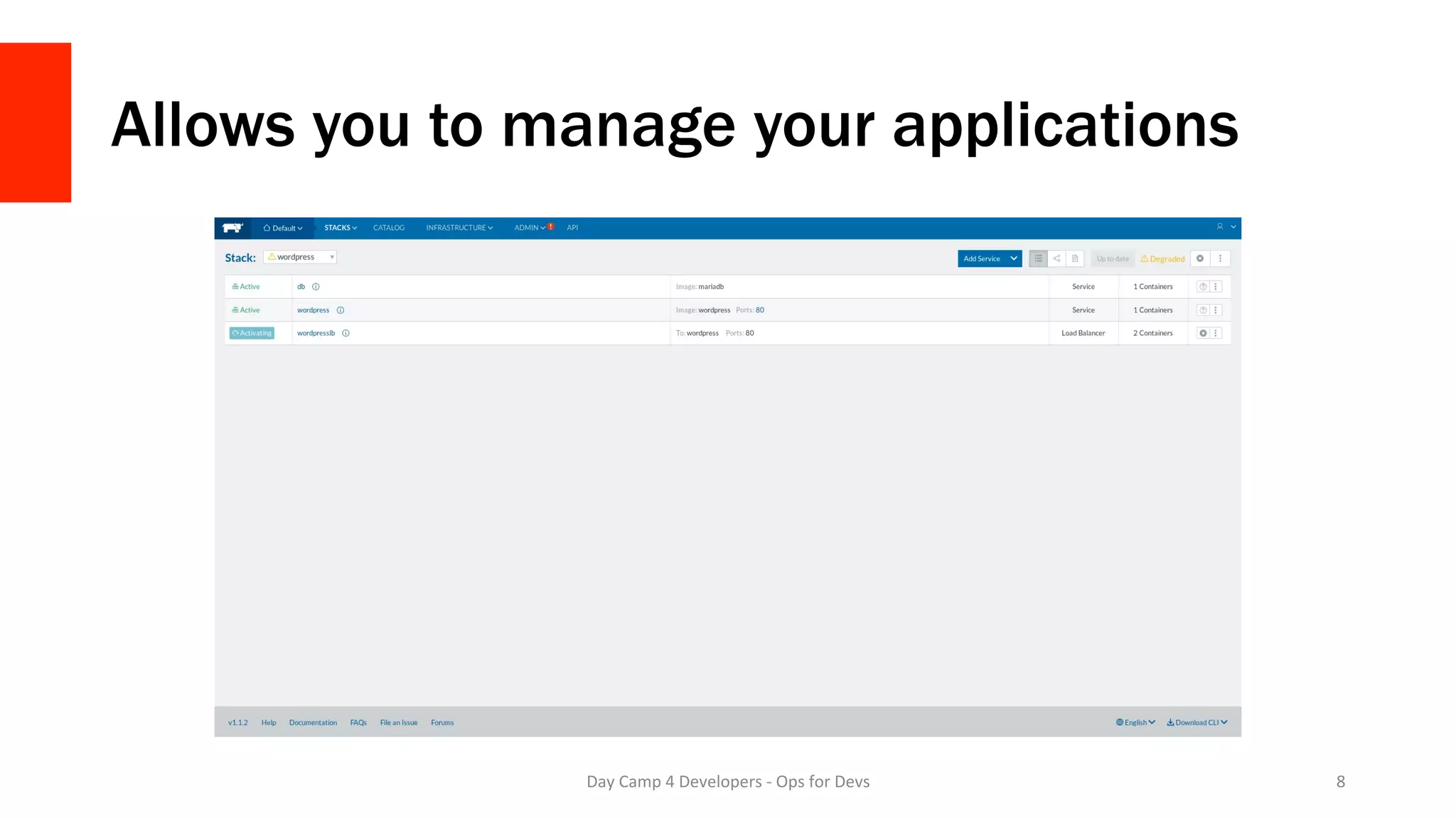 Allows you to manage your applications
Day	Camp	4	Developers	-	Ops	for	Devs	 8	
 
