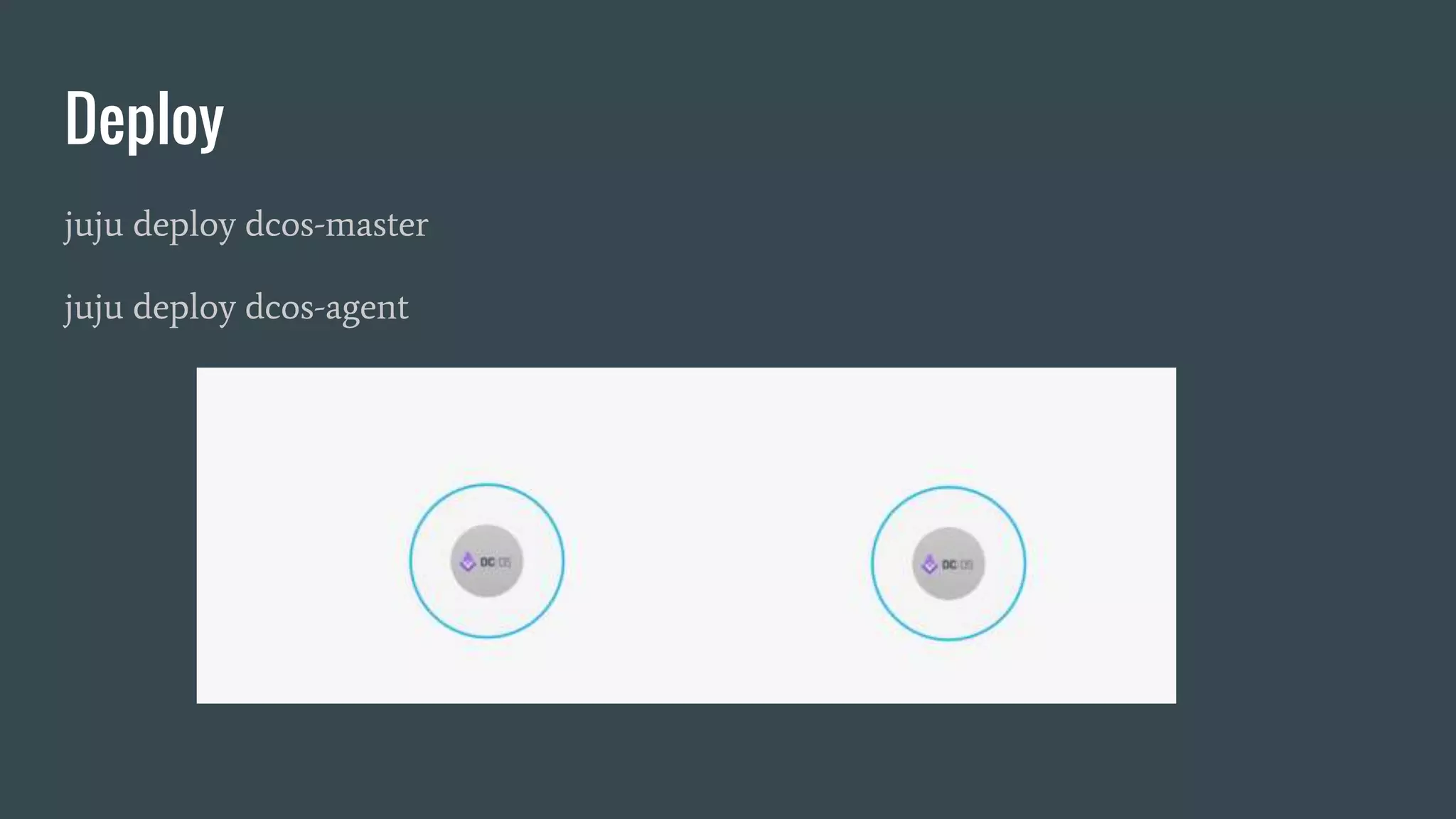 Deploy
juju deploy dcos-master
juju deploy dcos-agent
 