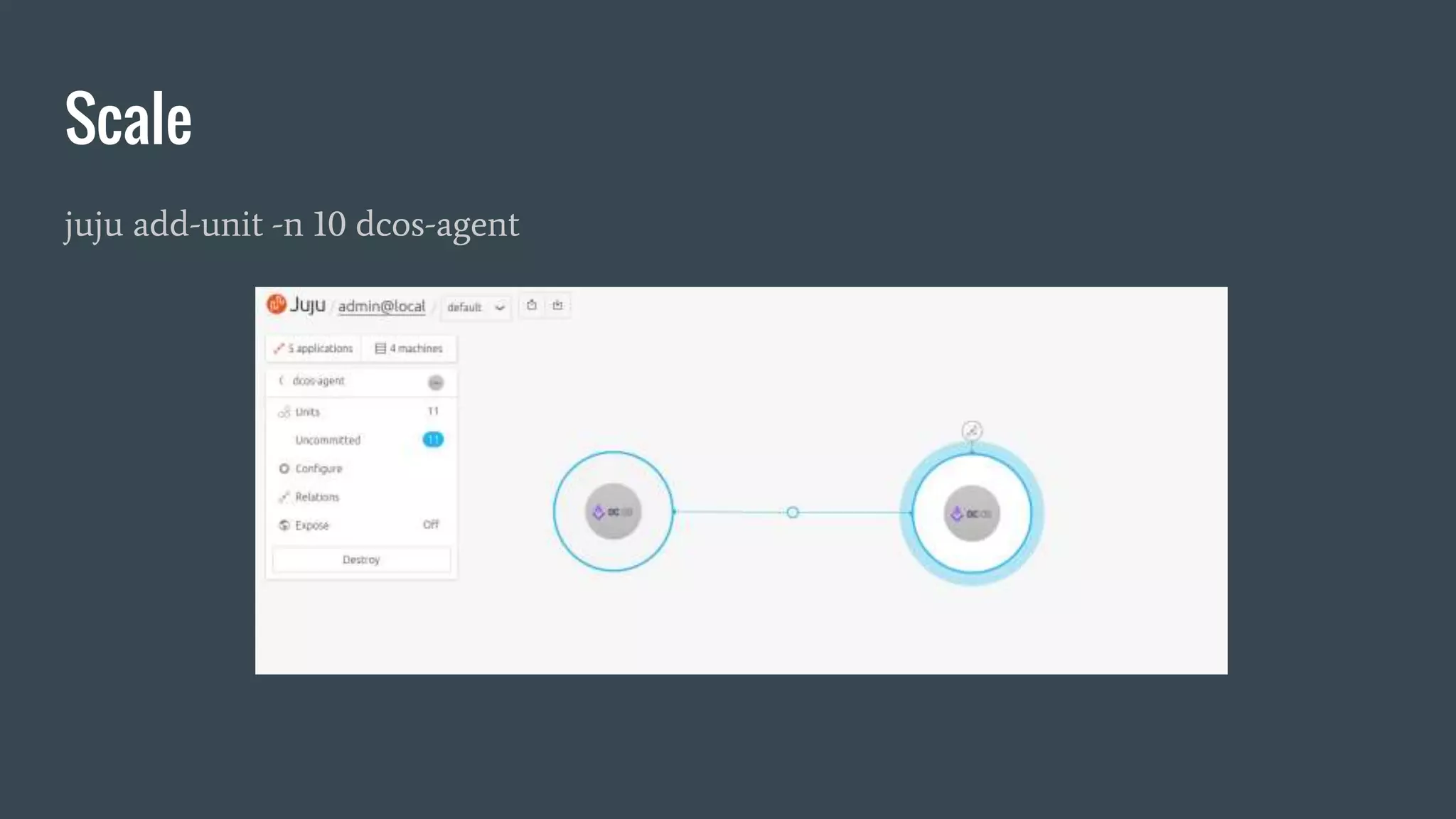 Scale
juju add-unit -n 10 dcos-agent
 