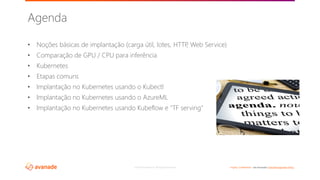©2018 Avanade Inc. All Rights Reserved. <Highly Confidential> See Avanade’s Data Management Policy
• Noções básicas de implantação (carga útil, lotes, HTTP, Web Service)
• Comparação de GPU / CPU para inferência
• Kubernetes
• Etapas comuns
• Implantação no Kubernetes usando o Kubectl
• Implantação no Kubernetes usando o AzureML
• Implantação no Kubernetes usando Kubeflow e "TF serving"
Agenda
 