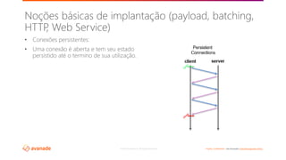 ©2018 Avanade Inc. All Rights Reserved. <Highly Confidential> See Avanade’s Data Management Policy
• Conexões persistentes:
• Uma conexão é aberta e tem seu estado
persistido até o termino de sua utilização.
Noções básicas de implantação (payload, batching,
HTTP, Web Service)
 