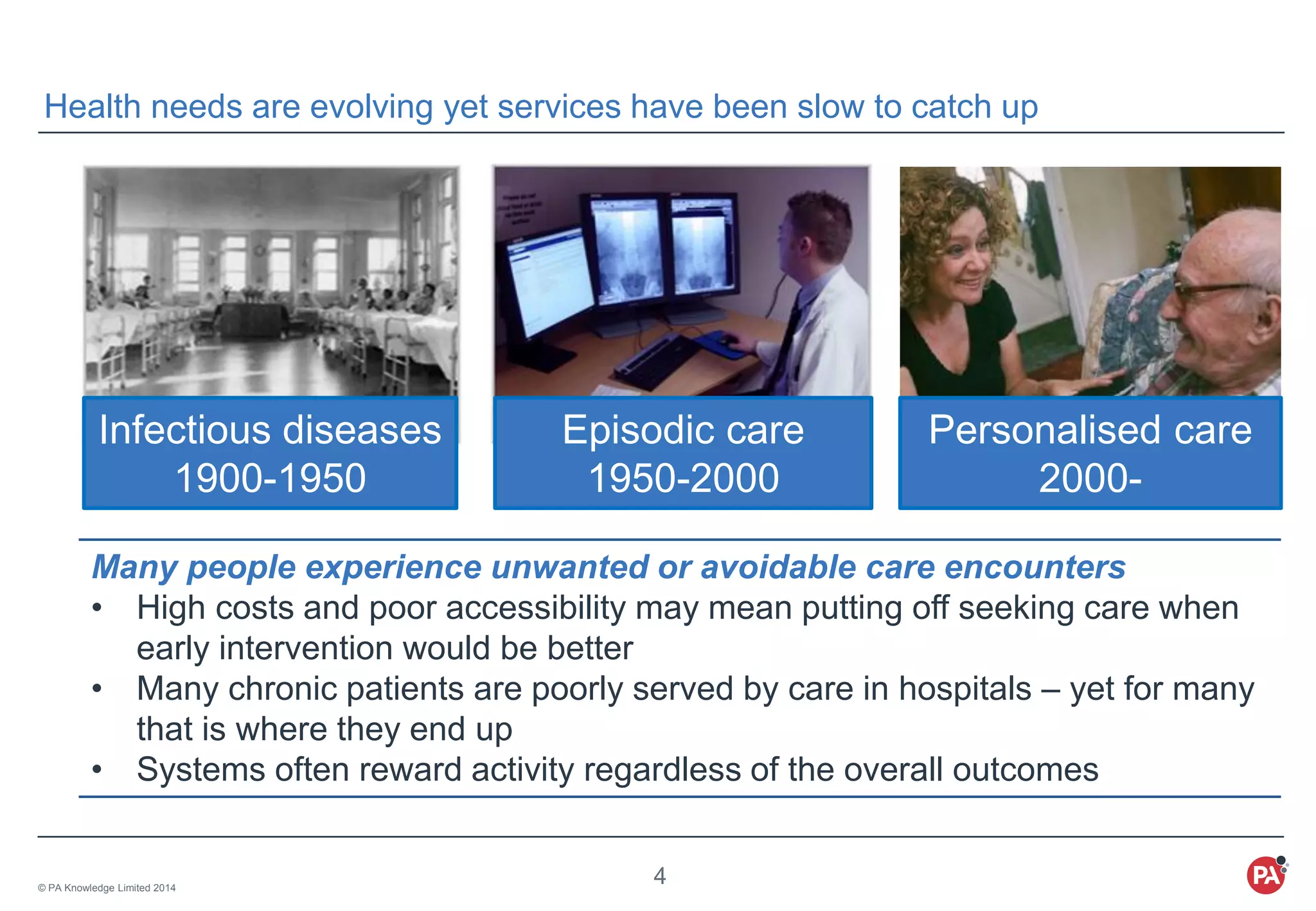 © PA Knowledge Limited 2014
4
Many people experience unwanted or avoidable care encounters
• High costs and poor accessibility may mean putting off seeking care when
early intervention would be better
• Many chronic patients are poorly served by care in hospitals – yet for many
that is where they end up
• Systems often reward activity regardless of the overall outcomes
Infectious diseases
1900-1950
Episodic care
1950-2000
Personalised care
2000-
Health needs are evolving yet services have been slow to catch up
 