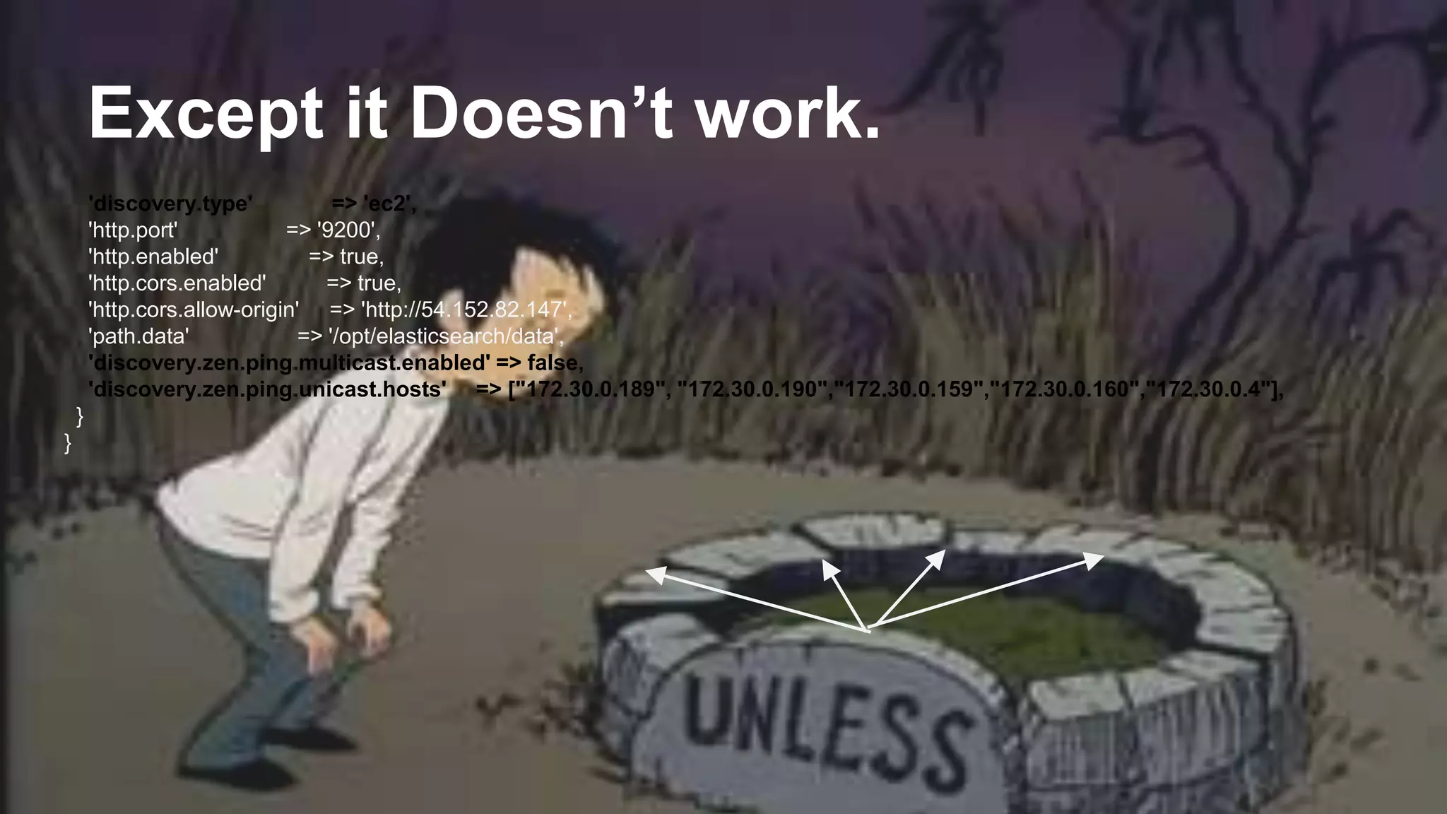 Except it Doesn’t work.
'discovery.type' => 'ec2',
'http.port' => '9200',
'http.enabled' => true,
'http.cors.enabled' => true,
'http.cors.allow-origin' => 'http://54.152.82.147',
'path.data' => '/opt/elasticsearch/data',
'discovery.zen.ping.multicast.enabled' => false,
'discovery.zen.ping.unicast.hosts' => ["172.30.0.189", "172.30.0.190","172.30.0.159","172.30.0.160","172.30.0.4"],
}
}
 