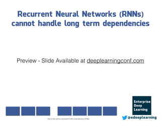 Recurrent Neural Networks (RNNs)
cannot handle long term dependencies
@edeeplearninghttp://colah.github.io/posts/2015-08-Understanding-LSTMs/
Preview - Slide Available at deeplearningconf.com
 