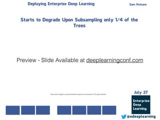 Sam Putnam
@edeeplearning
July 27
Deploying Enterprise Deep Learning
https://www.kaggle.com/samdeeplearning/naive-subsample-0-25-xgb/notebook
Preview - Slide Available at deeplearningconf.com
Starts to Degrade Upon Subsampling only 1/4 of the
Trees
 