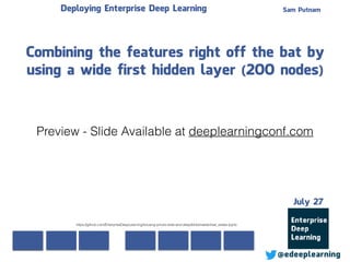 Sam Putnam
@edeeplearning
July 27
Deploying Enterprise Deep Learning
Combining the features right off the bat by
using a wide first hidden layer (200 nodes)
https://github.com/EnterpriseDeepLearning/housing-prices-wide-and-deep/blob/master/real_estate.ipynb
Preview - Slide Available at deeplearningconf.com
 