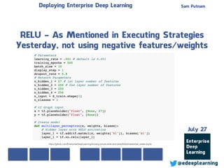 Sam Putnam
@edeeplearning
July 27
Deploying Enterprise Deep Learning
RELU - As Mentioned in Executing Strategies
Yesterday, not using negative features/weights
https://github.com/EnterpriseDeepLearning/housing-prices-wide-and-deep/blob/master/real_estate.ipynb
 