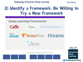 Sam Putnam
@edeeplearning
July 27
Deploying Enterprise Deep Learning
2) Identify a Framework, Be Willing to
Try a New Framework
https://blog.algorithmia.com/deploying-deep-learning-cloud-services/
 