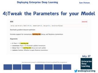 Sam Putnam
@edeeplearning
July 27
Deploying Enterprise Deep Learning
4)Tweak the Parameters for your Model
https://www.youtube.com/watch?v=cSKfRcEDGUs&list=PLOU2XLYxmsIIuiBfYad6rFYQU_jL2ryal&index=6
 